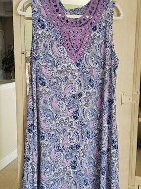 Kim Rogers Pink and Blue Paisley Crochet-Trim Midi Dress